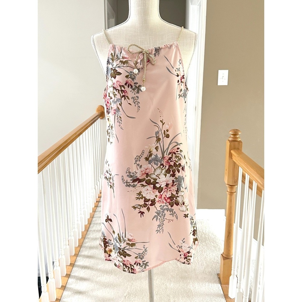 SHEIN‎ Pink Floral Halter Mini Dress Rope Pearl Detail Sleeveless Shift L